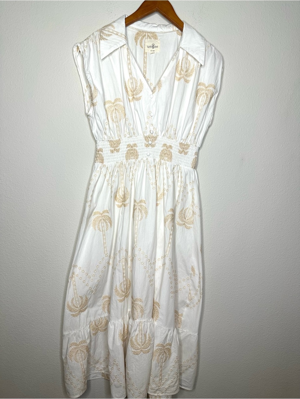 Palm Embroidered Cotton Midi Dress White Resort Coastal Boho Umgee M - Picture 3 of 10